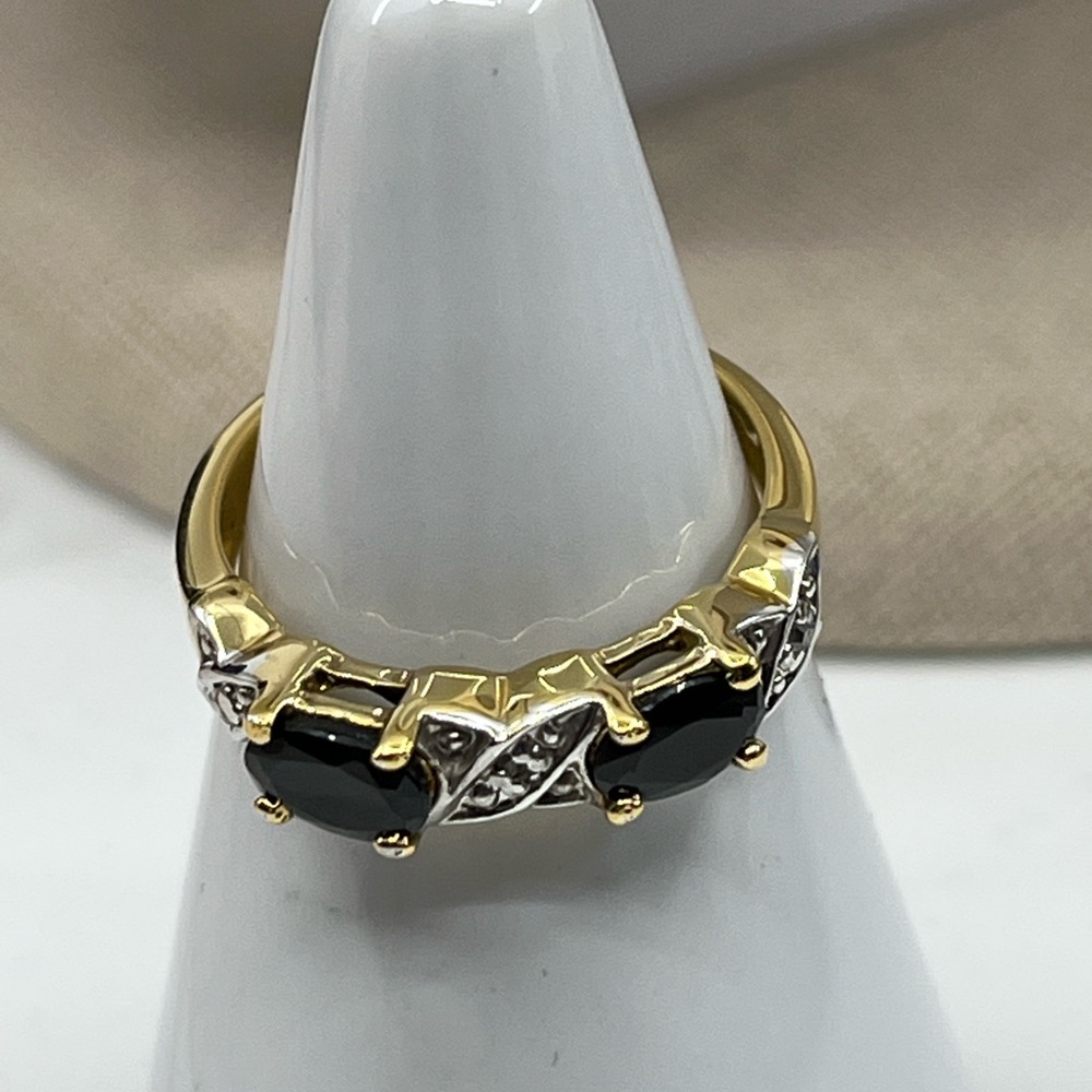 Vintage Black Onyx & CZ Accent Ring - Gold Over Sterling Silver (Size 6.75) - Picture 14 of 17